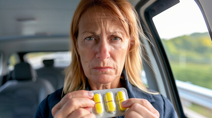 A woman holding a blister pack of medication, looking concerned