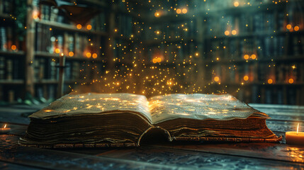 Spellbook, Leatherbound, Enchanted, Library filled with glowing tomes and floating candles, showcasing spellcasting students, Photography, Golden hour, Vignette - obrazy, fototapety, plakaty