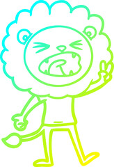 cold gradient line drawing of a cartoon lion giving peac sign