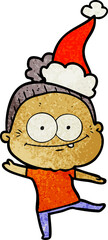 hand drawn textured cartoon of a happy old woman wearing santa hat