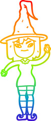 rainbow gradient line drawing of a cartoon witch