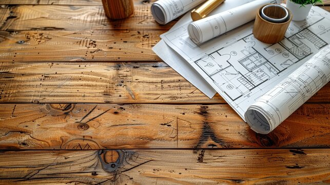 Blueprints and construction materials arranged on a table, representing the initial stages of planning and preparation for a building project.