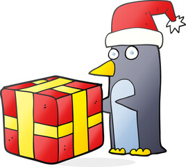 freehand drawn cartoon christmas penguin with present