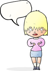 cartoon woman making Who Me? gesture with speech bubble