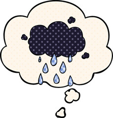 cartoon cloud raining with thought bubble in comic book style