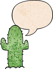 cartoon cactus with speech bubble in retro texture style