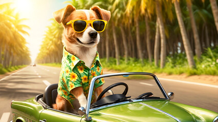 Dog driving convertible car on summer vacation with sunglasses and flower shirt heading to the beach on a sunny afternoon. Pet vacation concept. - obrazy, fototapety, plakaty