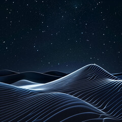 Starry night sky over glowing, undulating sand dunes