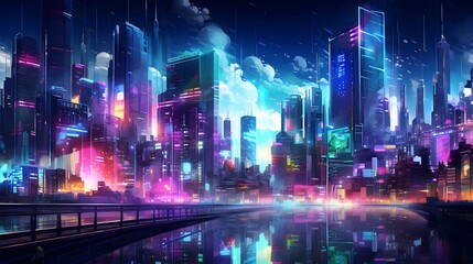 Night cityscape. Panoramic view of the night city.