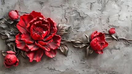 Deurstickers Red decorative volumetric peony flower on the background of a decorative wall. © MiaStendal