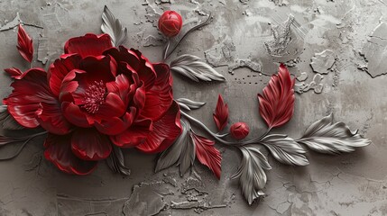 Red decorative volumetric peony flower on the background of a decorative wall. - obrazy, fototapety, plakaty