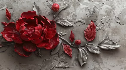 Gartenposter Red decorative volumetric peony flower on the background of a decorative wall. © MiaStendal