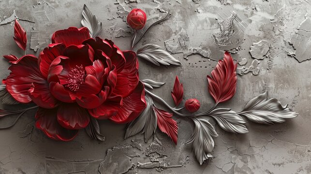Fototapeta Red decorative volumetric peony flower on the background of a decorative wall.
