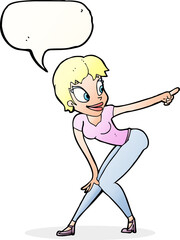 cartoon pretty woman pointing with speech bubble