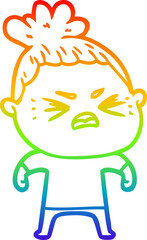 rainbow gradient line drawing of a cartoon angry woman