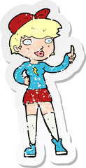 retro distressed sticker of a cartoon skater girl giving thumbs up symbol