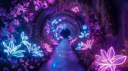 Floral decorative tunnel with neon lighting