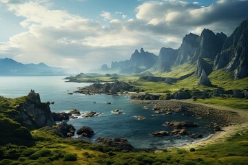 Obraz premium Nature of Russia. Wild beach among the hills. Generative AI Art. Beautiful view.