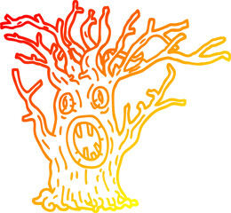 warm gradient line drawing of a cartoon spooky tree