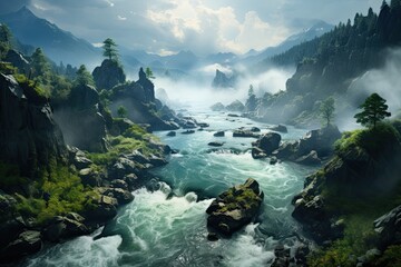 Nature of Russia. Raging river with crystal clear water. Generative AI Art. Beautiful view. - obrazy, fototapety, plakaty