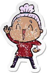 distressed sticker of a cartoon happy old lady