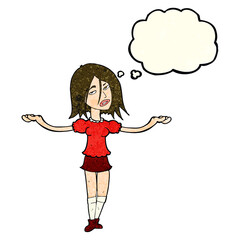 cartoon woman shrugging shoulders with thought bubble