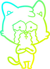 cold gradient line drawing of a cartoon crying cat