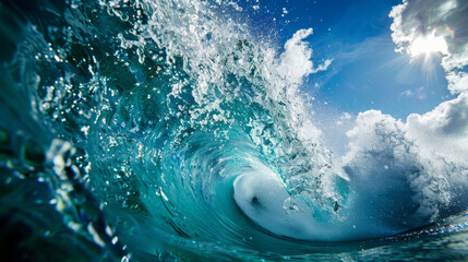 Stunning close-up of a wave's crest with sunlight piercing through the spray, showcasing the power and beauty of the ocean