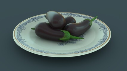 Egg plant (Brinjal) on plate isolated in background 3d illustration
