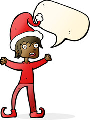 cartoon excited christmas elf with speech bubble