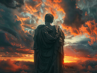 Julius Caesar, toga, Roman emperor, standing at a modern crossroads, amid a stormy sky, portrayed in a 3D render art style, illuminated with silhouette lighting and lens flare - obrazy, fototapety, plakaty