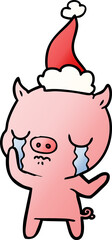 hand drawn gradient cartoon of a pig crying wearing santa hat