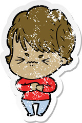 distressed sticker of a cartoon frustrated woman