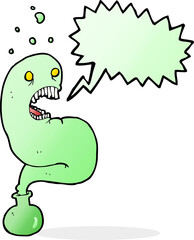 cartoon halloween ghost in bottle with speech bubble