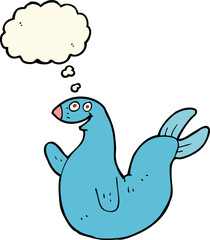 cartoon happy seal with thought bubble