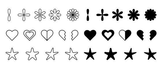 Graphic shapes collection with stars, blinks and hearts, in outline and bold variants, y2k design elements, vector illustration.