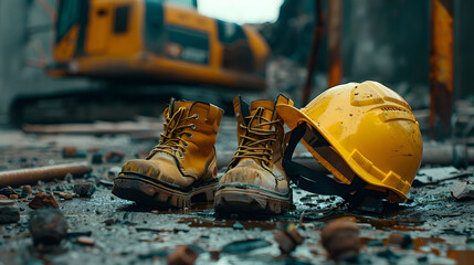 Yellow hard hat and a pair of heavy-duty boots on the ground of a construction site - obrazy, fototapety, plakaty