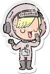 distressed sticker of a cartoon astronaut woman