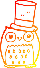 warm gradient line drawing of a cartoon owl wearing top hat