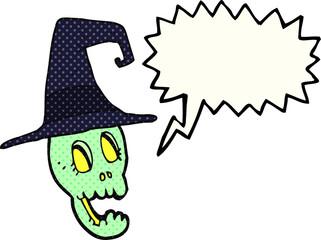 freehand drawn comic book speech bubble cartoon skull wearing witch hat