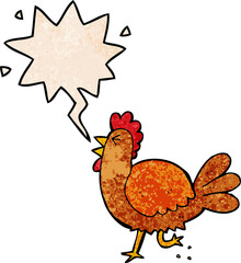 cartoon rooster with speech bubble in retro texture style
