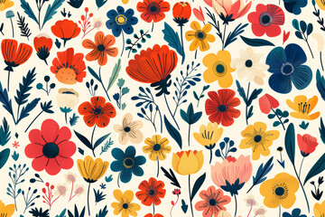 Vibrant seamless pattern featuring a variety of stylized flowers in multiple colors, ideal for backgrounds and textiles.