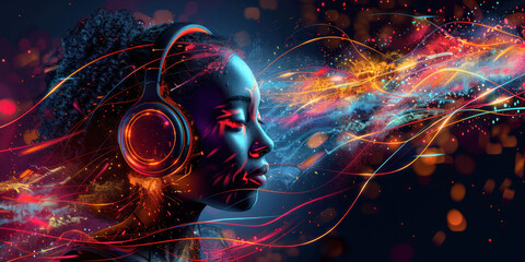 Music Vibes: Neon Beat Flow. A portrait of a woman lost in music, with vibrant neon light trails symbolizing the rhythm flowing around her in a dynamic display of color and energy.	
