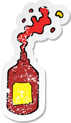 retro distressed sticker of a cartoon squirting ketchup bottle