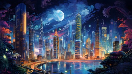 Illustration of skyscrapers in a city at night with full moon