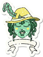 Retro Tattoo Style singing half orc bard character with banner