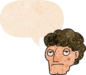 cartoon bored man with speech bubble in grunge distressed retro textured style