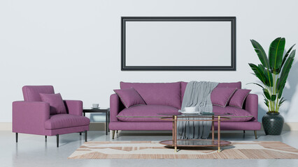 a living room with a purple couch and chairs