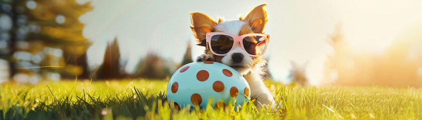 Puppy in a polka dot egg, cool sunglasses, on green spring grass, bright afternoon sunshine - obrazy, fototapety, plakaty