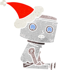 hand drawn retro cartoon of a robot wearing santa hat